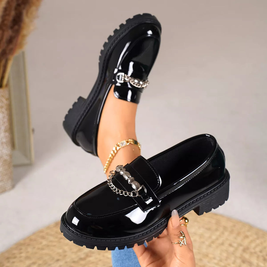 Chain Embellished Round Toe Loafers Apparel and Accessories