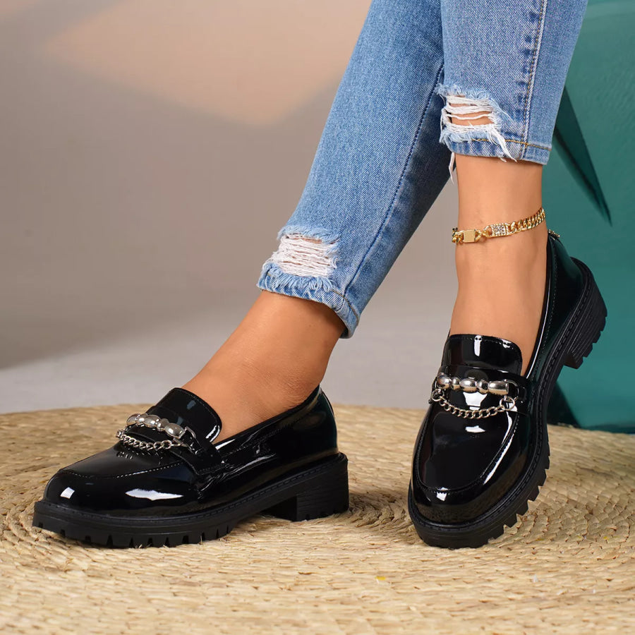 Chain Embellished Round Toe Loafers Apparel and Accessories