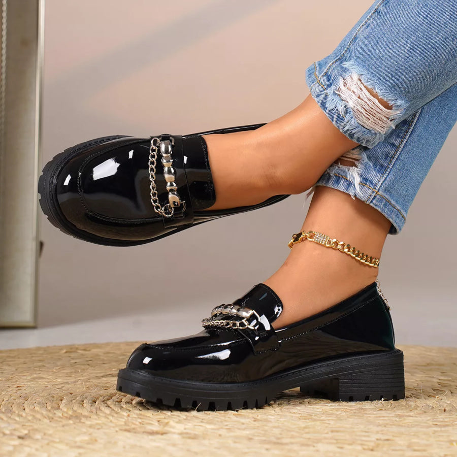 Chain Embellished Round Toe Loafers Apparel and Accessories