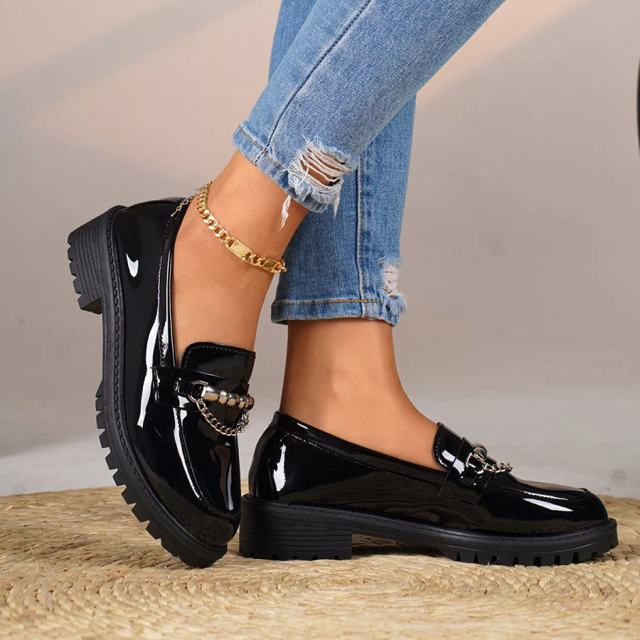Chain Embellished Round Toe Loafers Apparel and Accessories