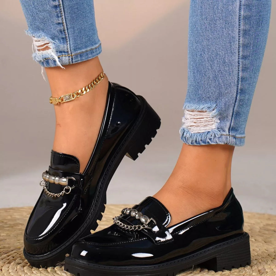 Chain Embellished Round Toe Loafers Black / 36 Apparel and Accessories