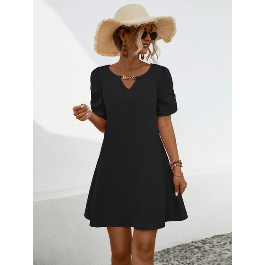 Chain Notched Short Sleeve Dress Black / S Apparel and Accessories