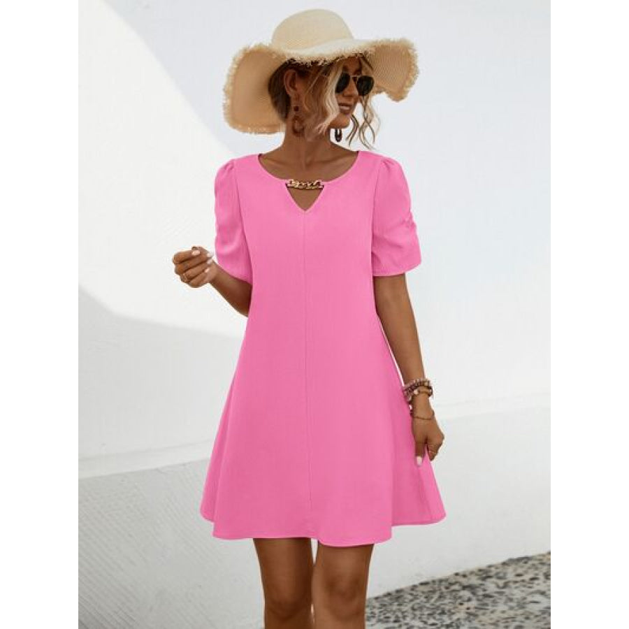 Chain Notched Short Sleeve Dress Fuchsia Pink / S Apparel and Accessories