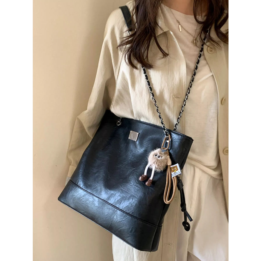 Chain Strap Faux Leather Tote Bag Black / One Size Apparel and Accessories