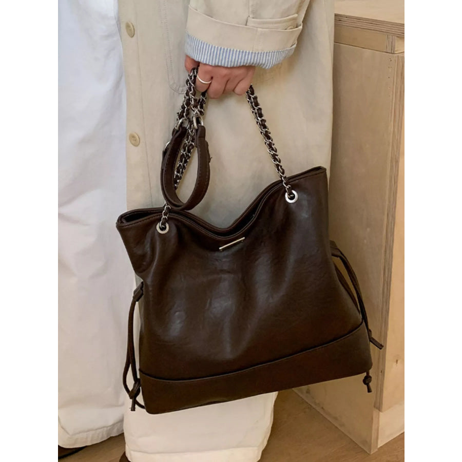 Chain Strap Faux Leather Tote Bag Brown / One Size Apparel and Accessories