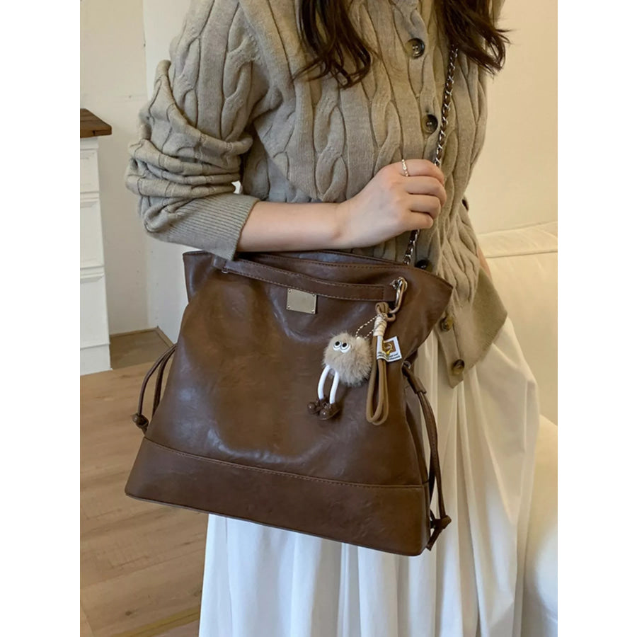 Chain Strap Faux Leather Tote Bag Taupe / One Size Apparel and Accessories