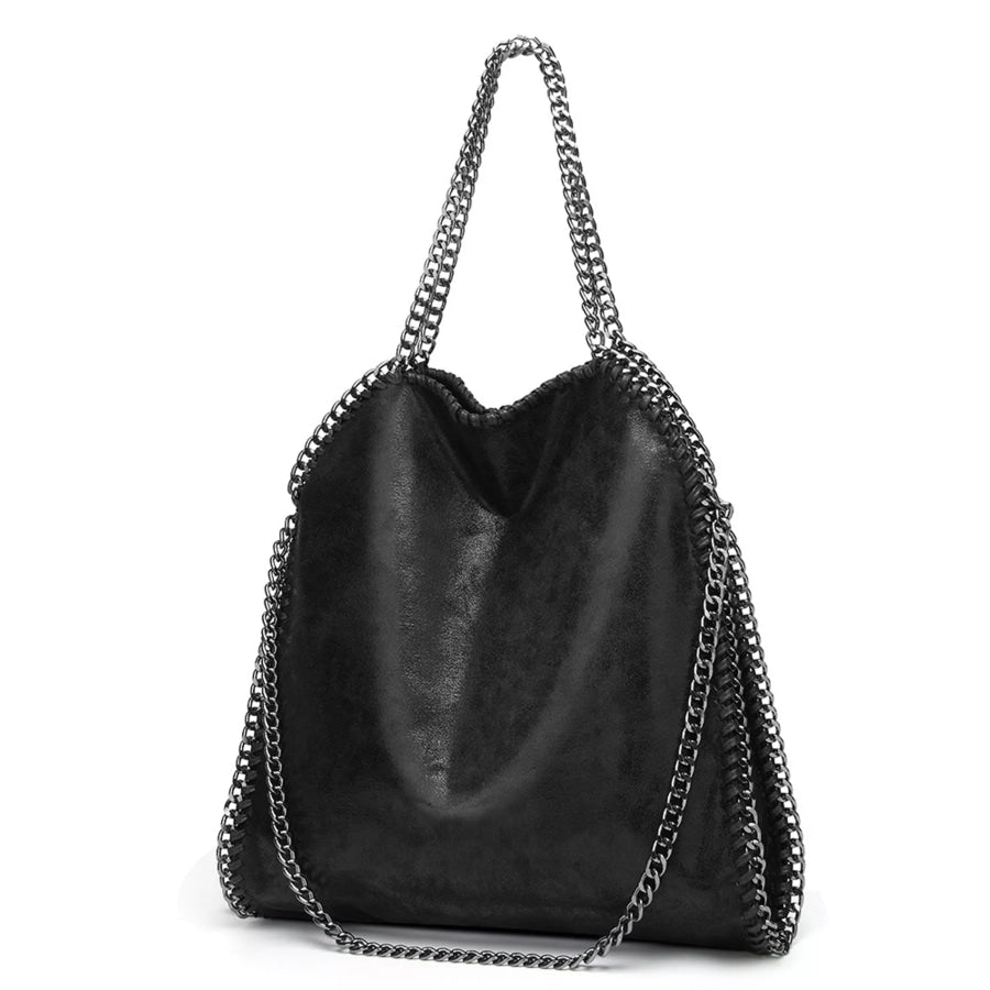 Chain-Trimmed PU Leather Shoulder Bag Black / onesize Apparel and Accessories