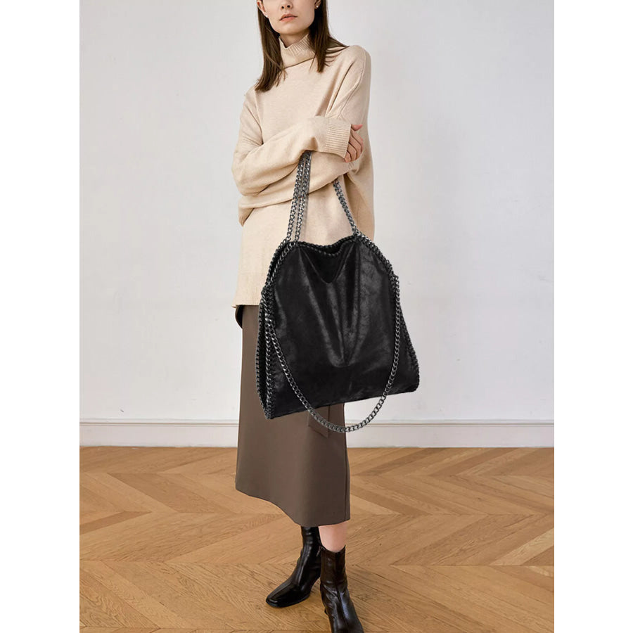 Chain-Trimmed PU Leather Shoulder Bag Black / onesize Apparel and Accessories