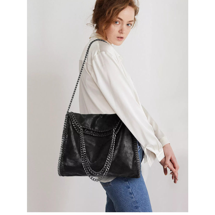 Chain-Trimmed PU Leather Shoulder Bag Black / onesize Apparel and Accessories