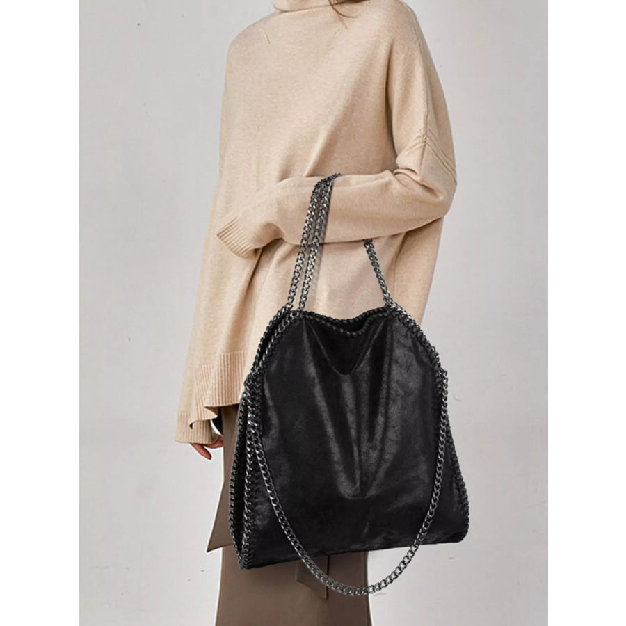 Chain-Trimmed PU Leather Shoulder Bag Black / onesize Apparel and Accessories