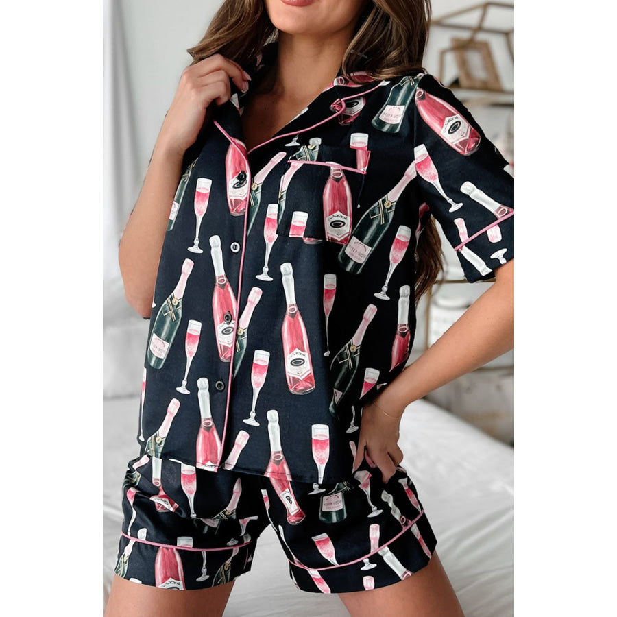 Champagne Print Short Sleeve Top and Shorts Set Apparel and Accessories