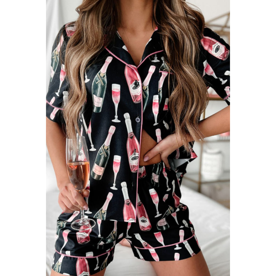 Champagne Print Short Sleeve Top and Shorts Set Black / S Apparel and Accessories