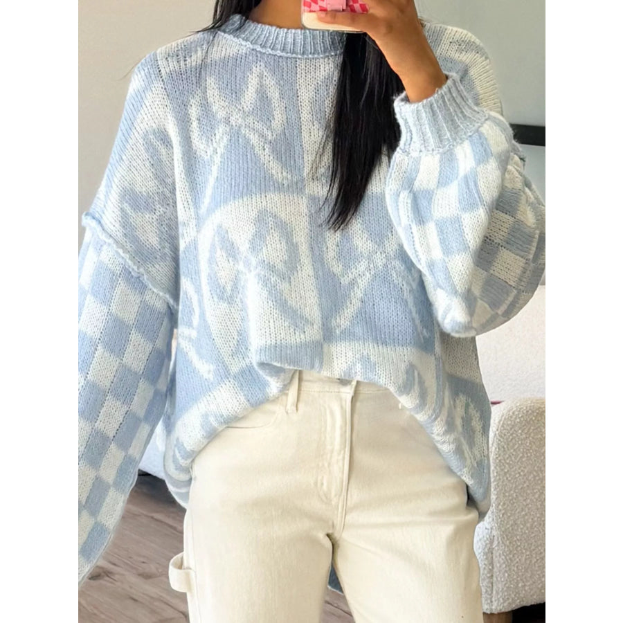 Checkerboard Bow Pattern Dropped Shoulder Sweater Apparel and Accessories