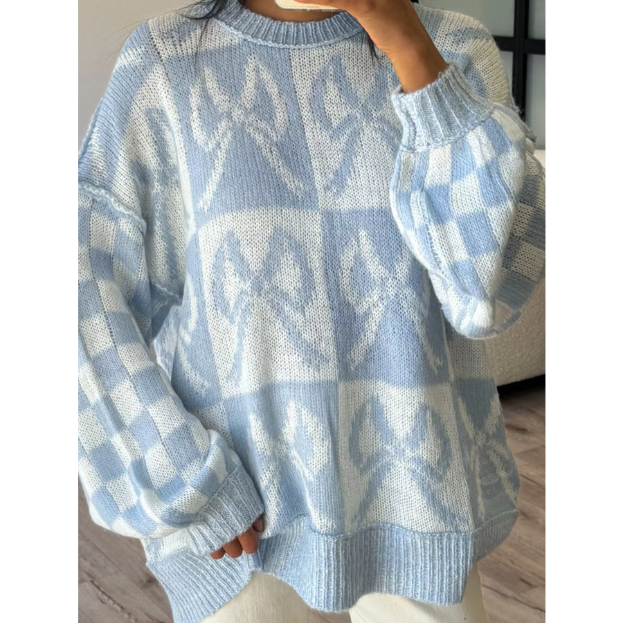 Checkerboard Bow Pattern Dropped Shoulder Sweater Light Blue And White / S Apparel Accessories