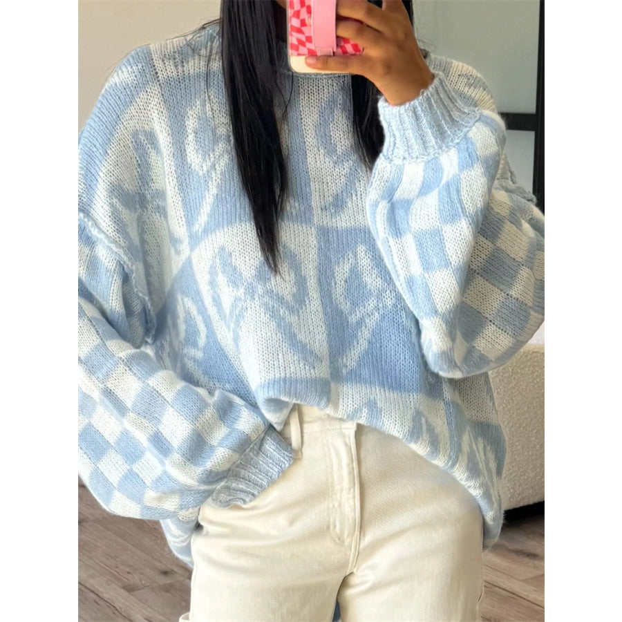 Checkerboard Bow Pattern Dropped Shoulder Sweater Light Blue And White / S Apparel Accessories
