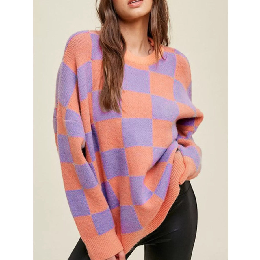 Checkerboard Chic Round Neck Sweater Apparel and Accessories