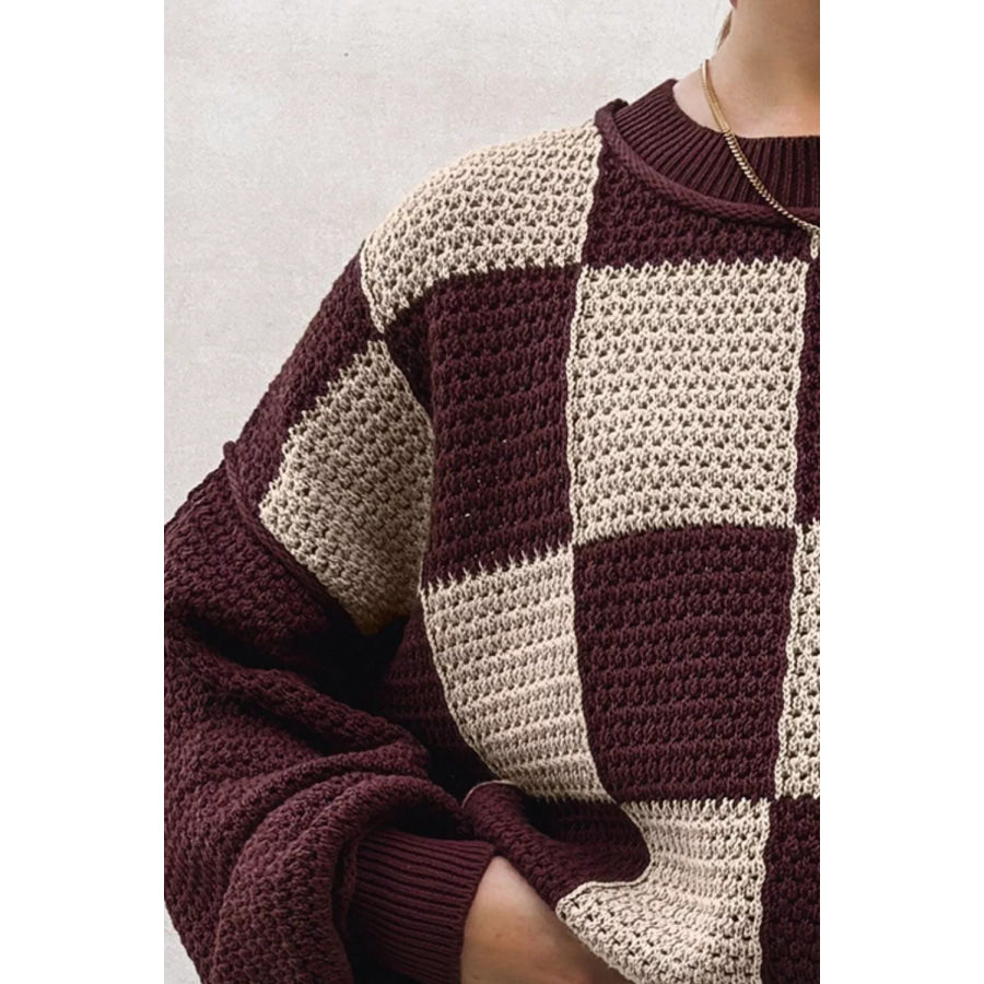 Checkerboard Dropped Shoulder Sweater Apparel and Accessories