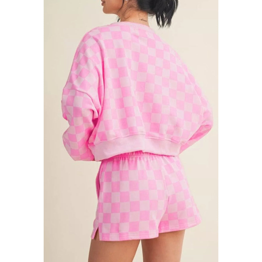 Checkerboard Dropped Shoulder Top and Shorts Set Apparel and Accessories