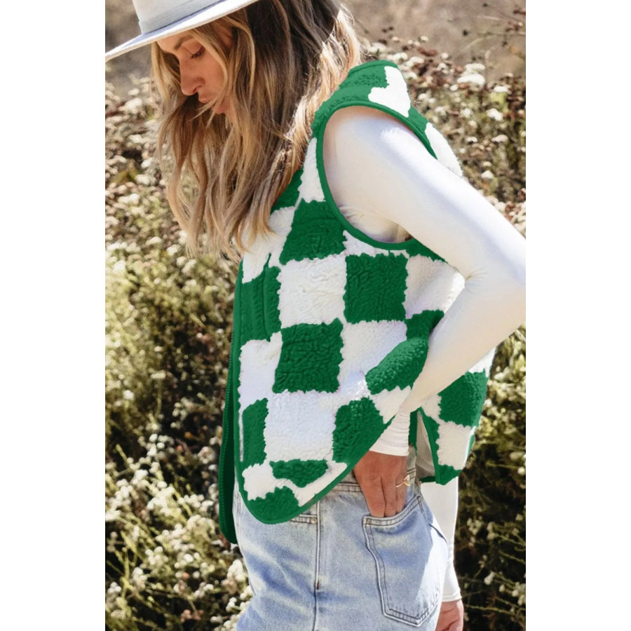 Checkerboard Fleece Sherpa Vest Coat Apparel and Accessories
