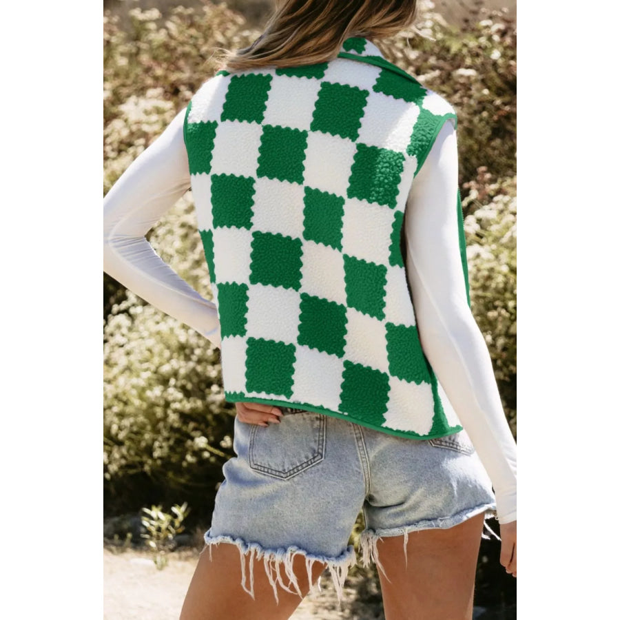 Checkerboard Fleece Sherpa Vest Coat Apparel and Accessories
