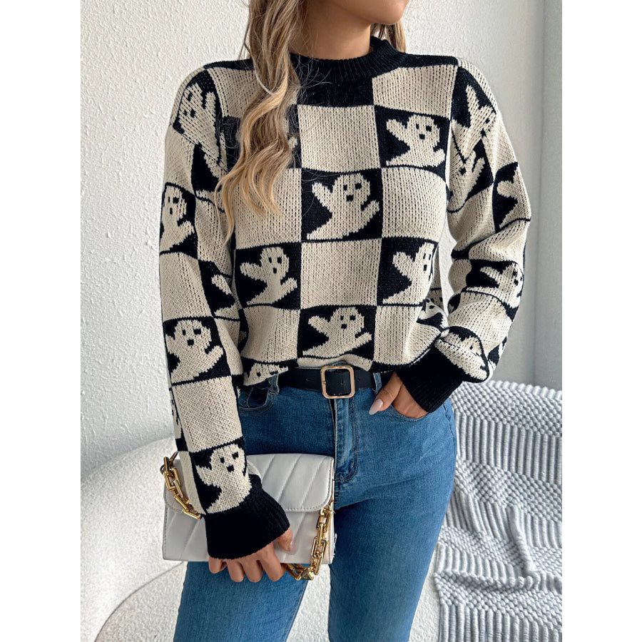 Checkerboard Halloween Graphic Sweater Apparel and Accessories