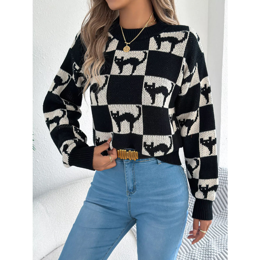 Checkerboard Halloween Graphic Sweater Apparel and Accessories