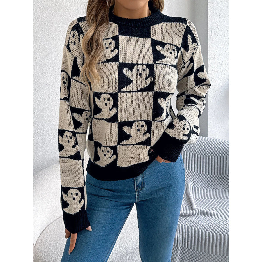 Checkerboard Halloween Graphic Sweater Apparel and Accessories