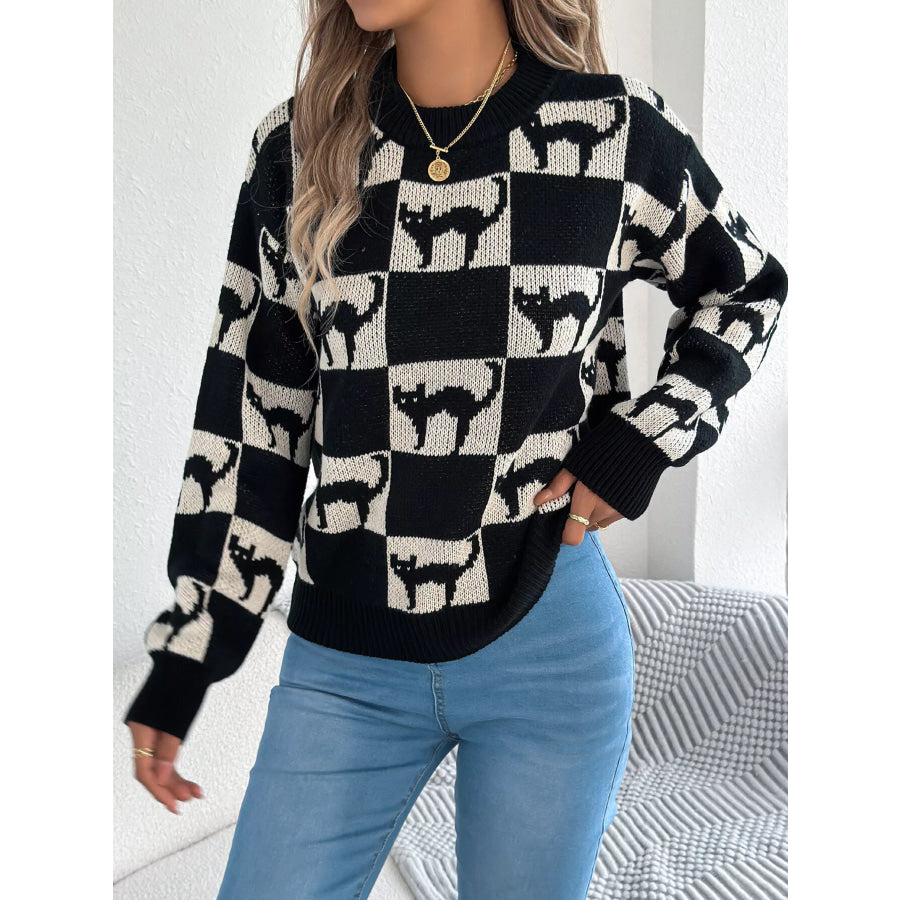 Checkerboard Halloween Graphic Sweater Apparel and Accessories