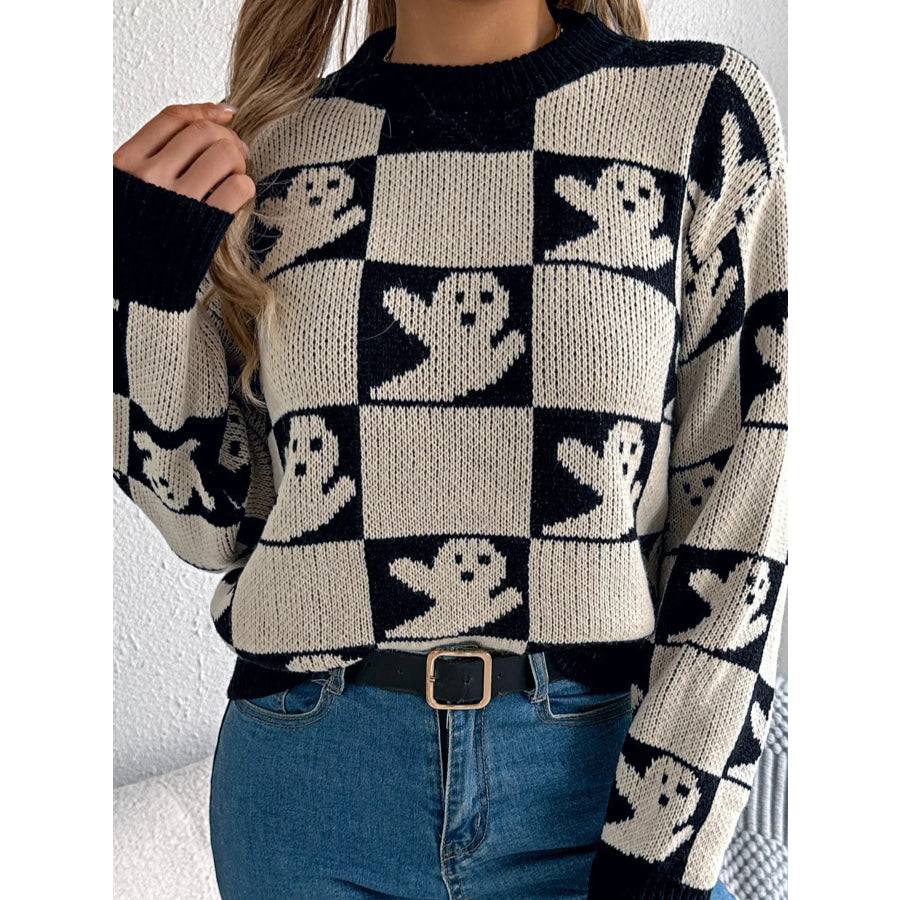 Checkerboard Halloween Graphic Sweater Beige / S Apparel and Accessories