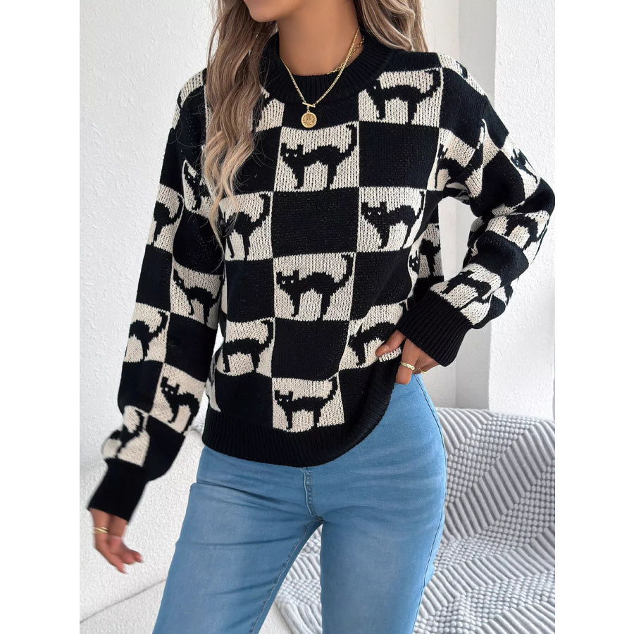Checkerboard Halloween Graphic Sweater Black / S Apparel and Accessories