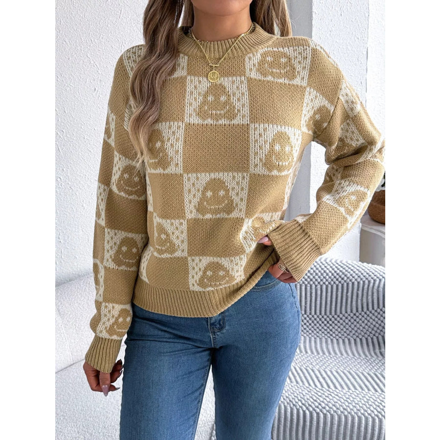 Checkerboard Halloween Graphic Sweater Khaki / S Apparel and Accessories