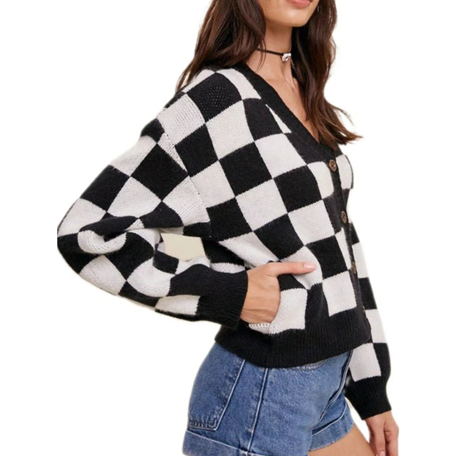 Checkerboard Pattern Button-Down Cardigan Apparel and Accessories