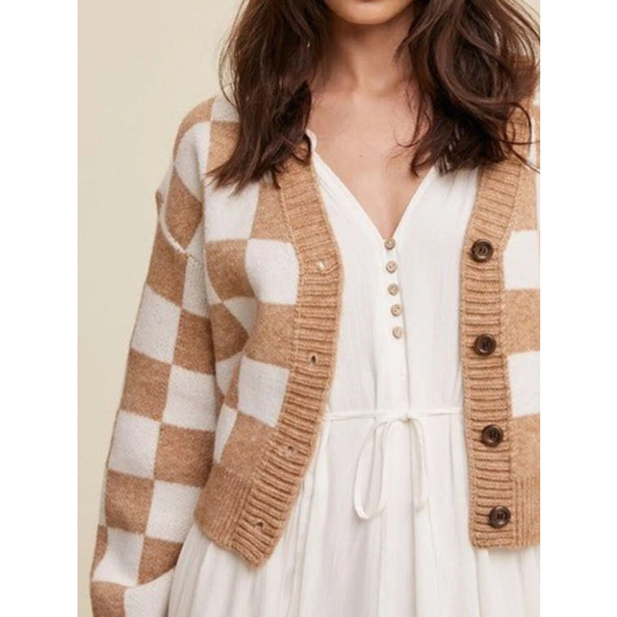 Checkerboard Pattern Button-Down Cardigan Apparel and Accessories