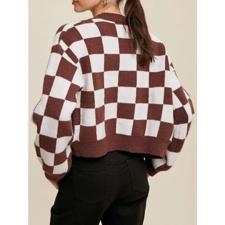 Checkerboard Pattern Button-Down Cardigan Apparel and Accessories