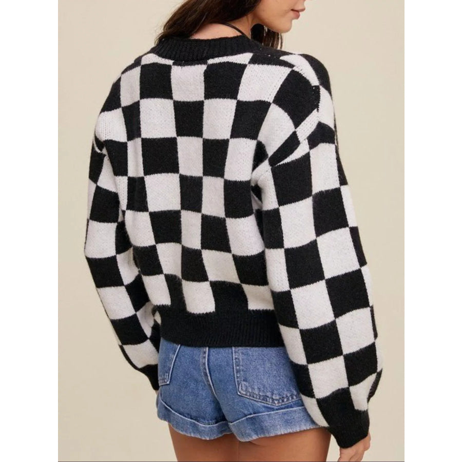 Checkerboard Pattern Button-Down Cardigan Apparel and Accessories