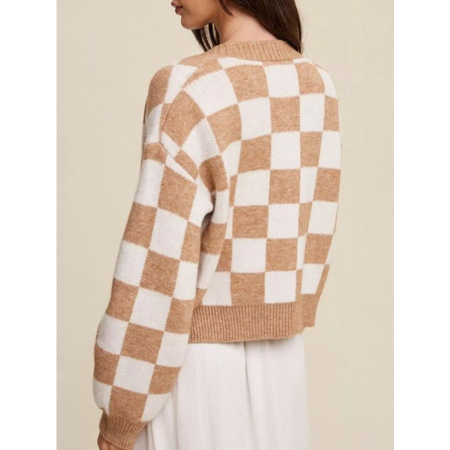 Checkerboard Pattern Button-Down Cardigan Apparel and Accessories