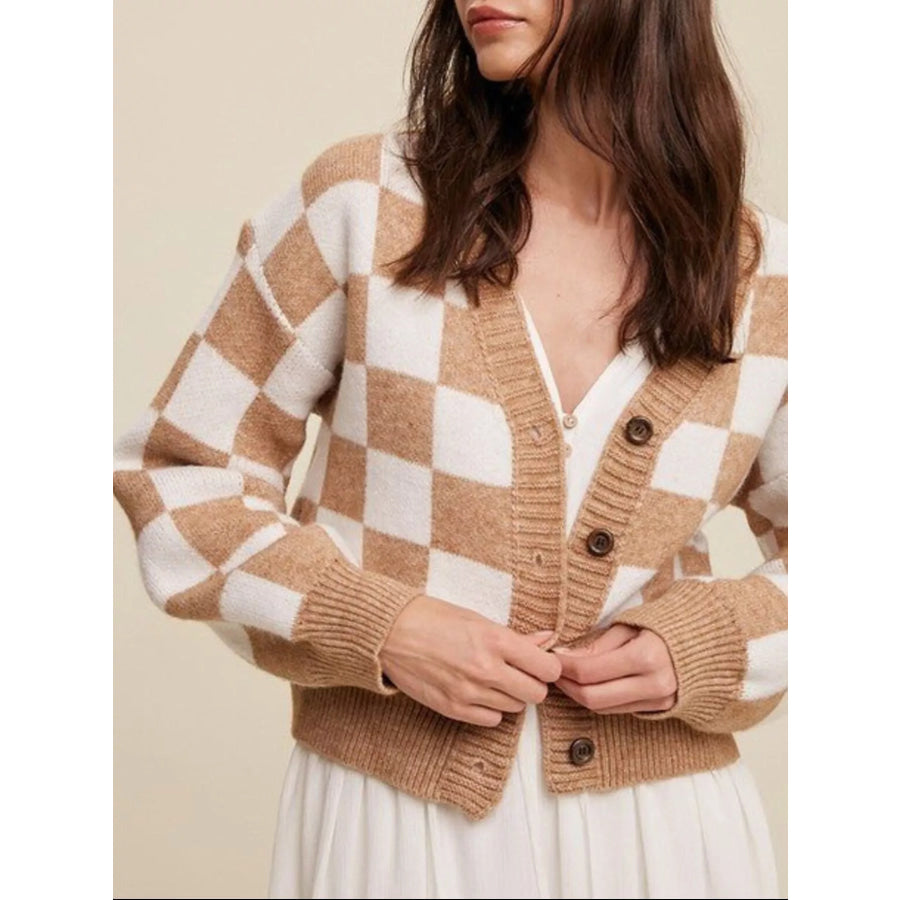 Checkerboard Pattern Button-Down Cardigan Apparel and Accessories