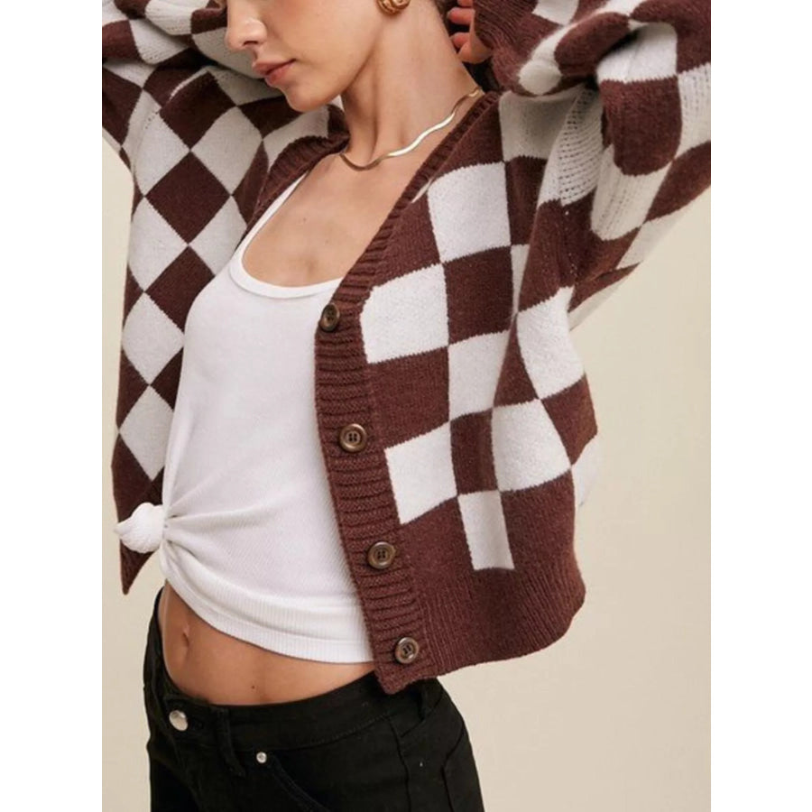 Checkerboard Pattern Button-Down Cardigan Apparel and Accessories