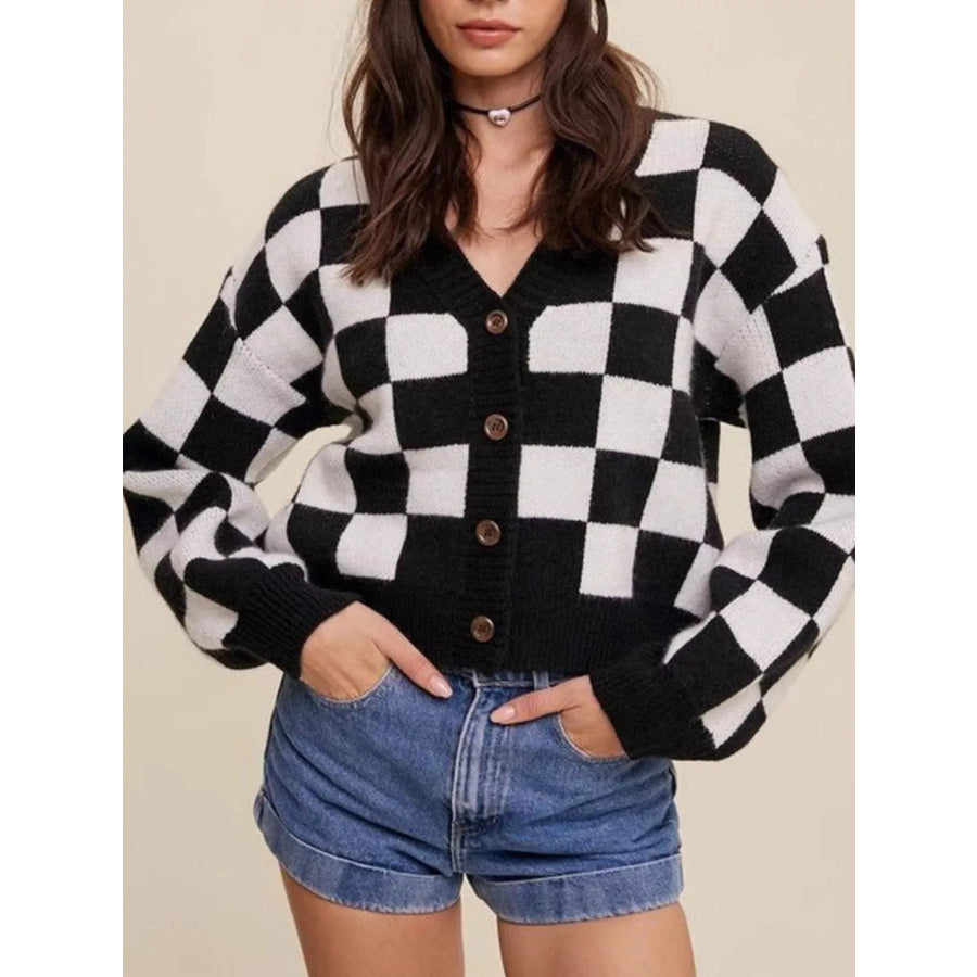 Checkerboard Pattern Button-Down Cardigan Black / S Apparel and Accessories
