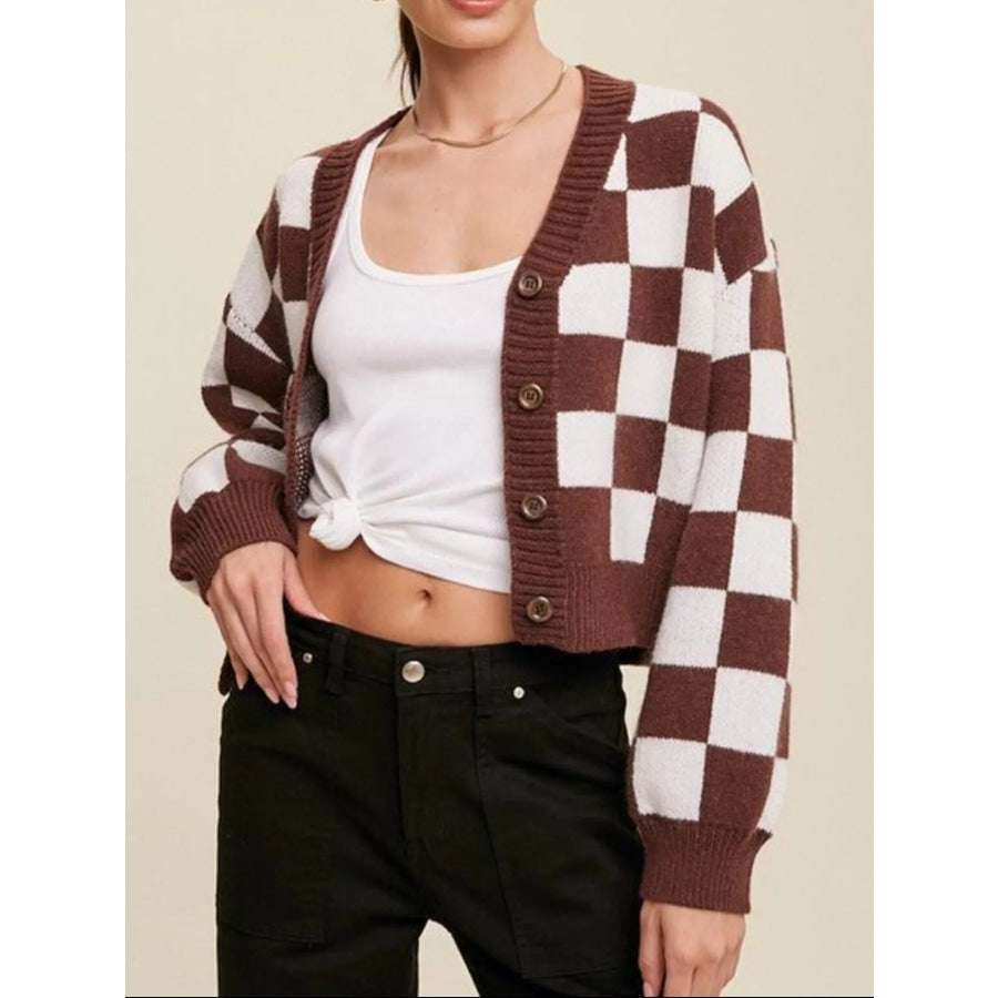 Checkerboard Pattern Button-Down Cardigan Dark Brown / S Apparel and Accessories