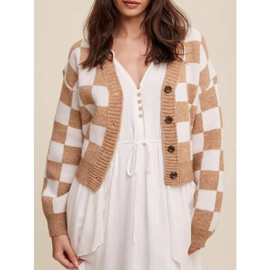 Checkerboard Pattern Button-Down Cardigan Khaki / S Apparel and Accessories