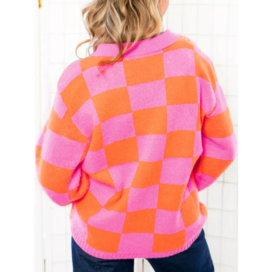 Checkerboard Pattern Half Button Sweater Apparel and Accessories