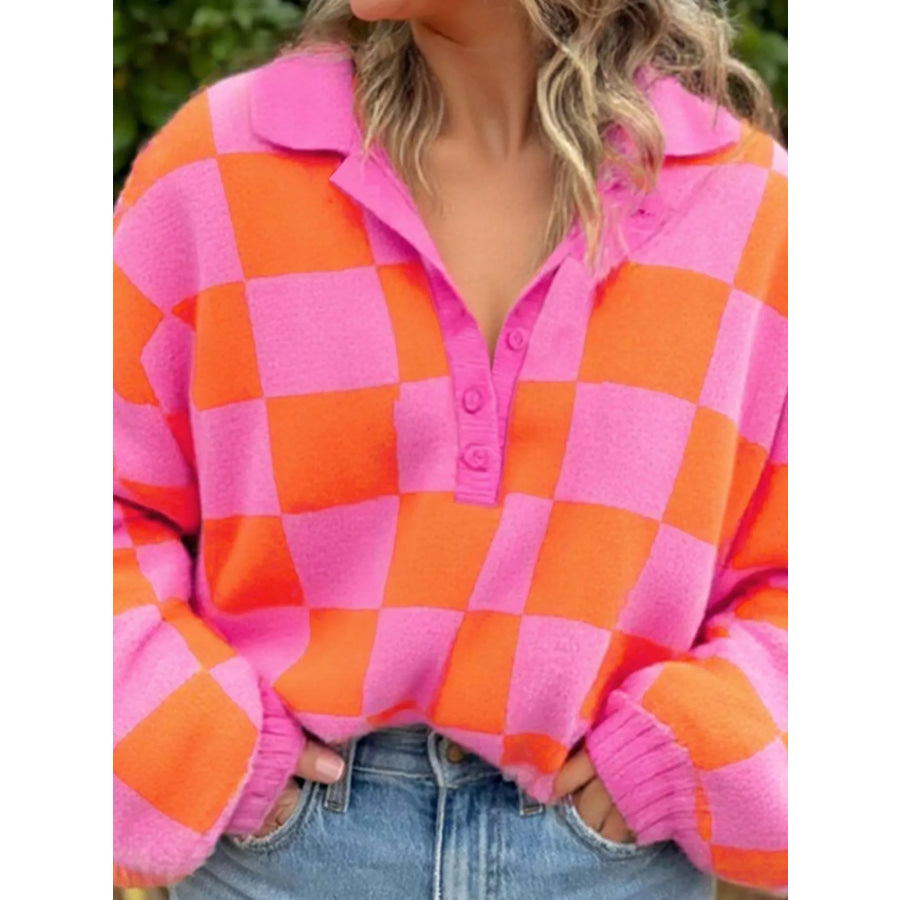 Checkerboard Pattern Half Button Sweater Apparel and Accessories