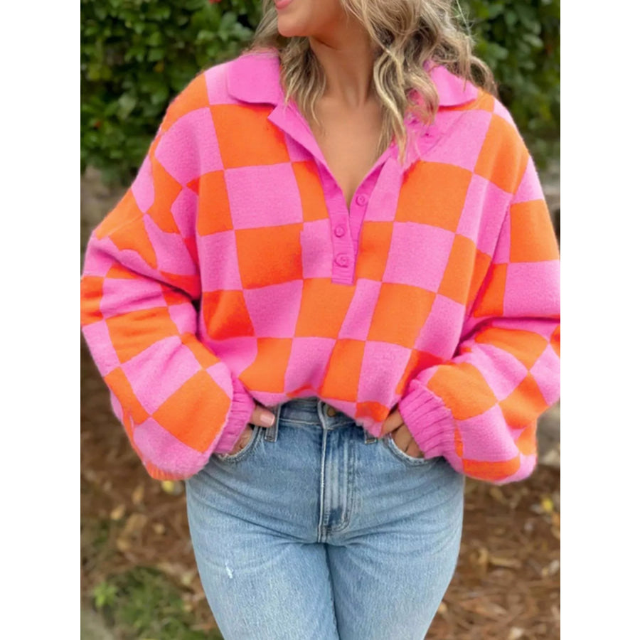 Checkerboard Pattern Half Button Sweater Strawberry / S Apparel and Accessories
