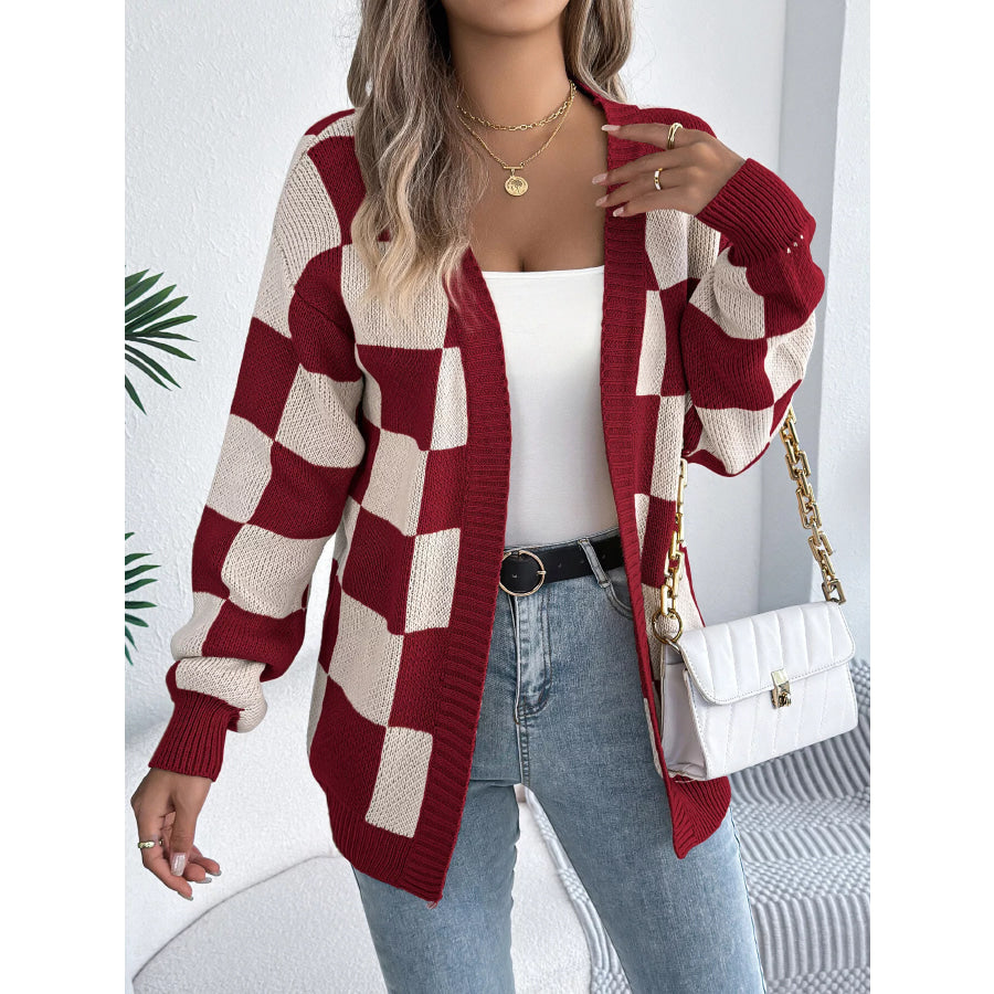 Checkerboard Pattern Open Front Knit Cardigan Apparel and Accessories
