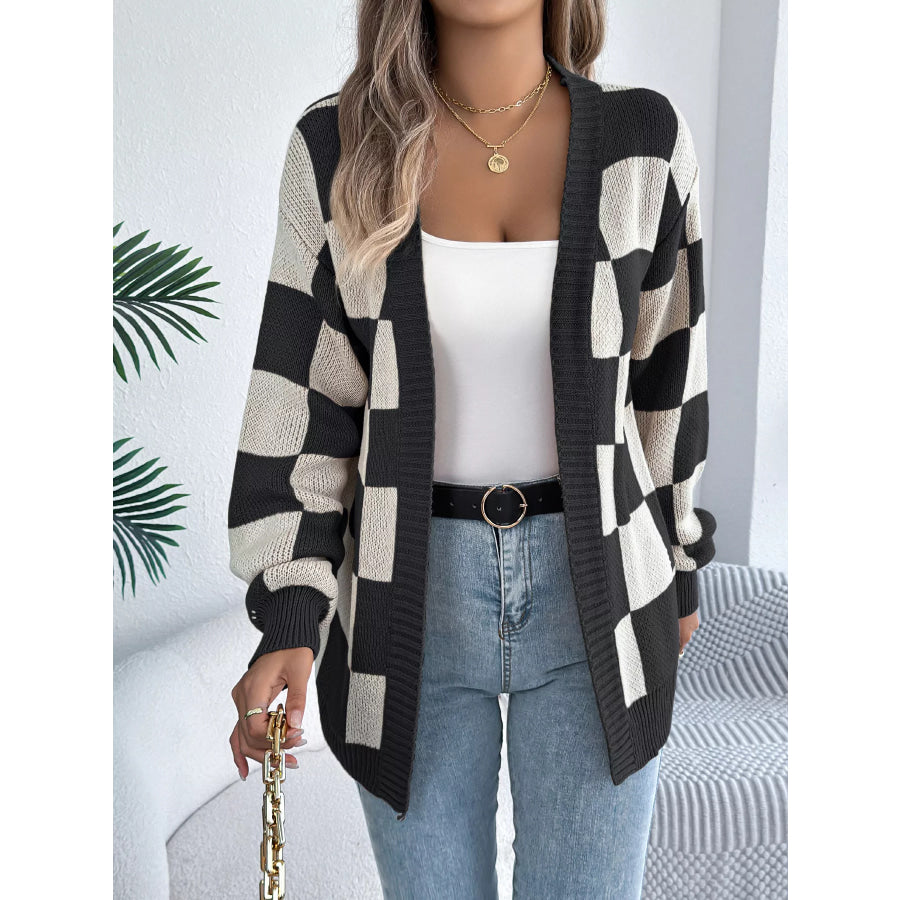 Checkerboard Pattern Open Front Knit Cardigan Apparel and Accessories