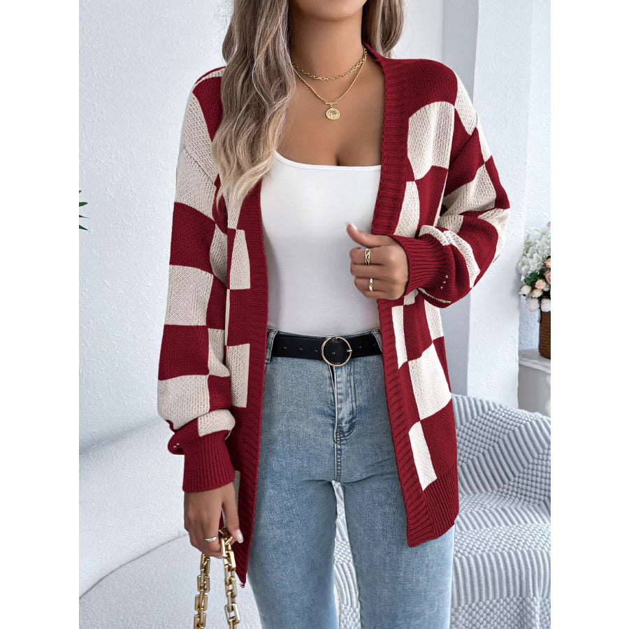 Checkerboard Pattern Open Front Knit Cardigan Apparel and Accessories
