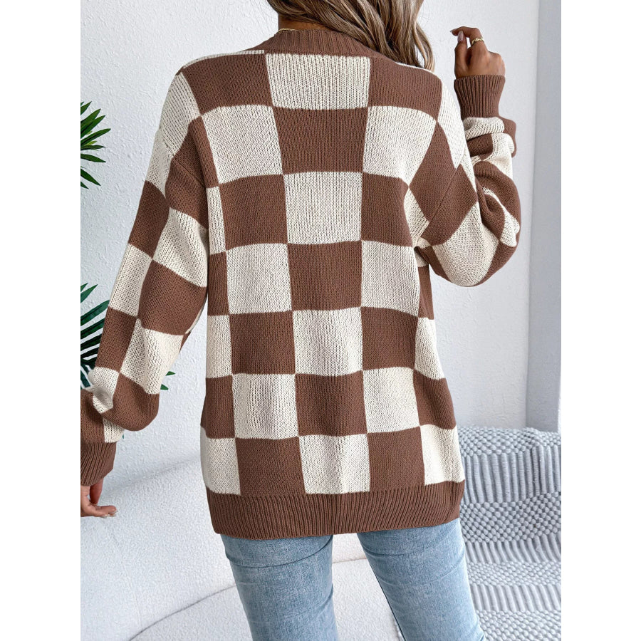 Checkerboard Pattern Open Front Knit Cardigan Apparel and Accessories