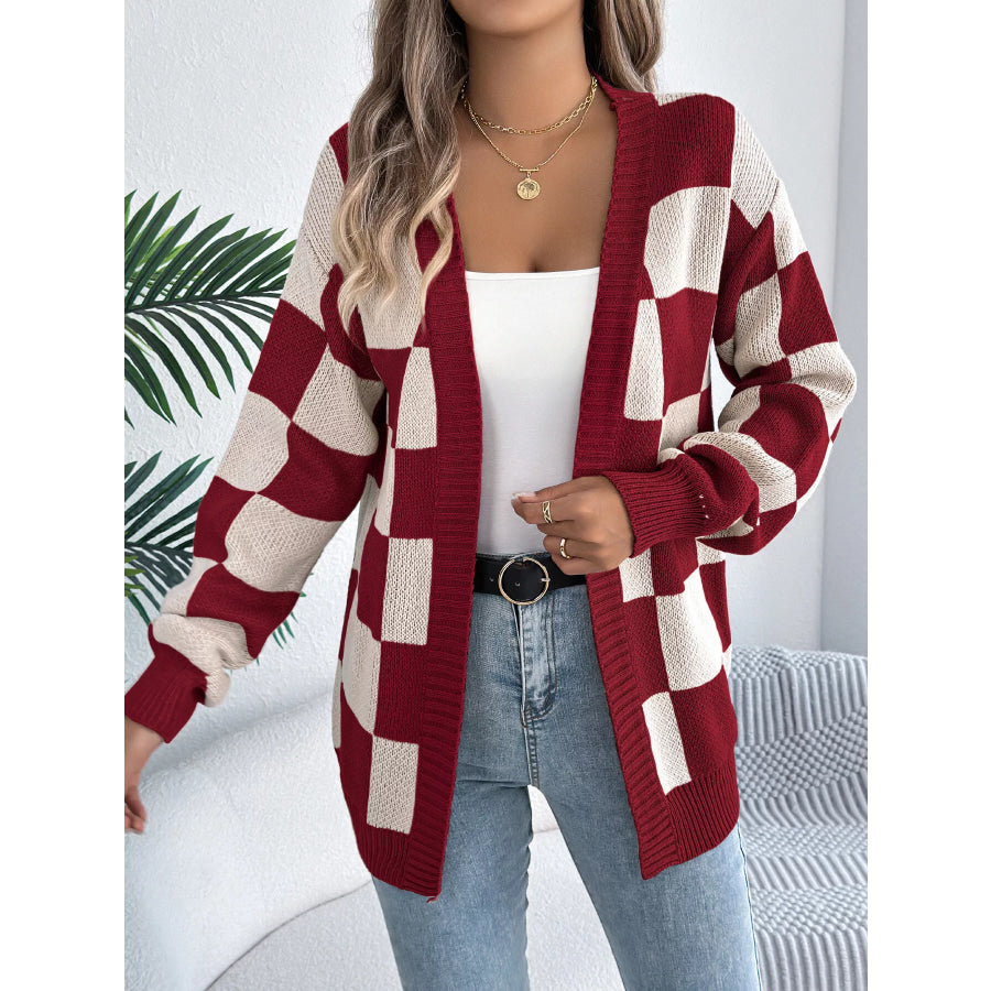 Checkerboard Pattern Open Front Knit Cardigan Apparel and Accessories