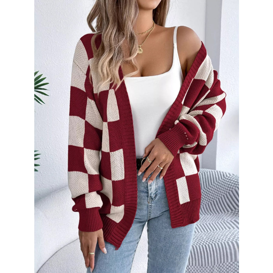 Checkerboard Pattern Open Front Knit Cardigan Burgundy / S Apparel and Accessories